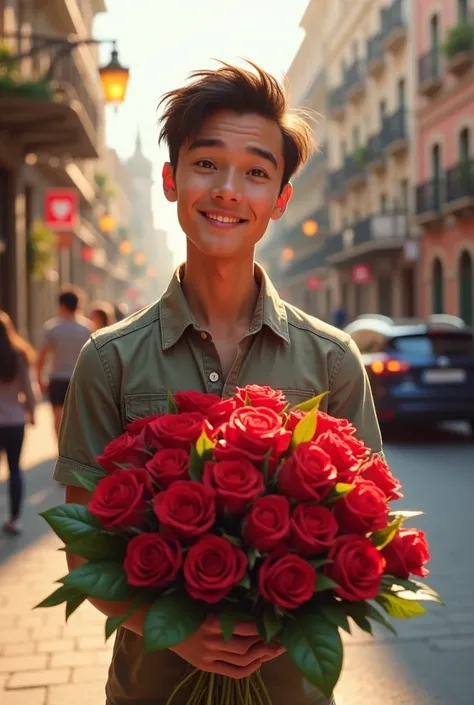 A young man delivering a bouquet of roses 