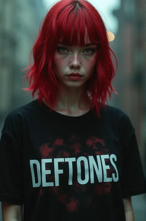 Create a character with straight shoulder-length hair with several red highlights, pale skin with rosy cheeks, with a shirt with the name on it. "deftones" 