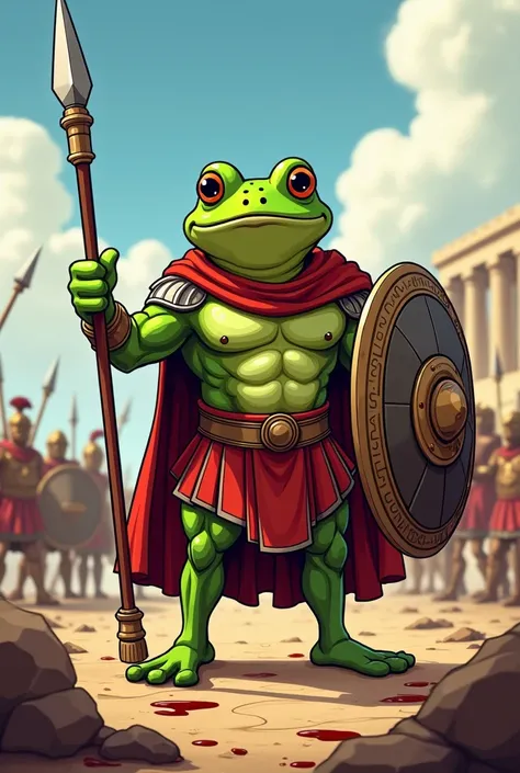 Hi! I would like to create a cartoon image of pepe the meme that is in Leonidas armor.
Holding a spear up in one hand in the air, and a shield in the other.
Some blood on the tip of the spear coming down the blade, and some blood on the shield and armor. 
...