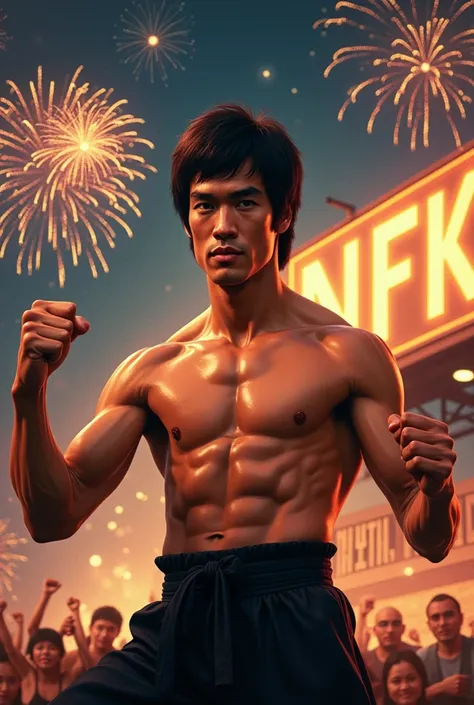 Muscular Bruce lee celebration new years eve with fireworks and a billboard saying NFK 