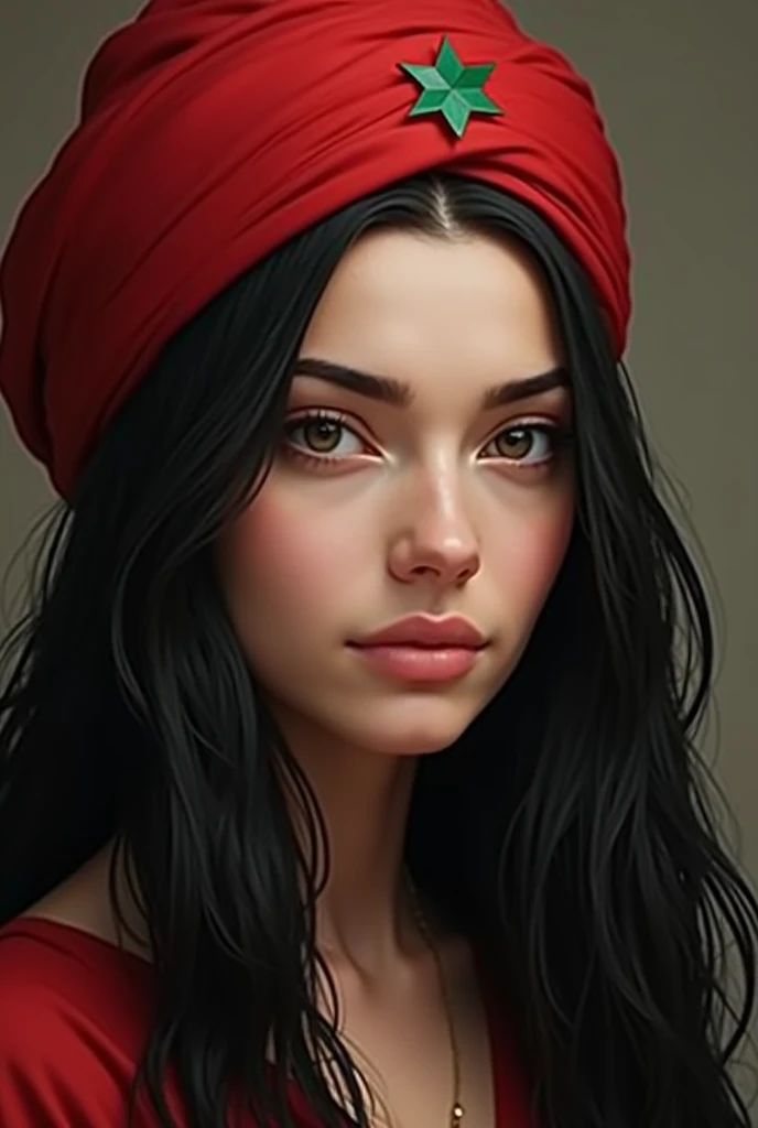 Create a realistic picture, detailed in 8K resolution, of the face of a beautiful woman with long black hair spread over her shoulders and a red turban on her head with a green star in the middle 