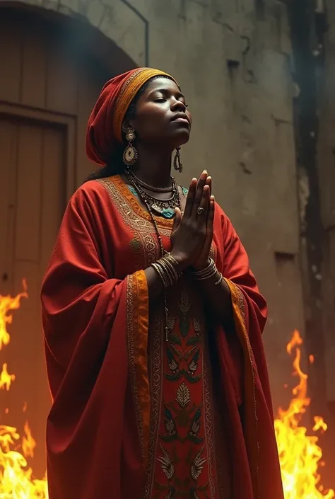 An African ren  praying by raising her hands up, background be fire Infront of old house 