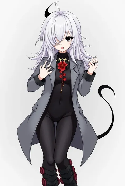 * anime girl with white hair with a black tuft in her bangs that covered my left eye, pale skin,  black eyes without shine or pupils ,  a knee-length gray tail suit , two silver rings ,  one black and one gold ,  a brooch of red and black flowers on my che...