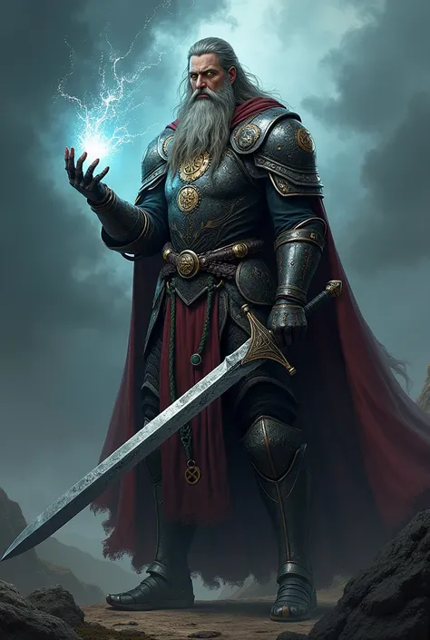 warlock, sword on left hand, spell on right hand, full body, medieval armor, long hair and beard, yellow eyes
