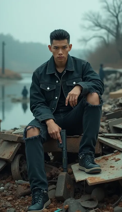 UHD.photography, a handsome Korean man ,in front of the camera, neat short undercut hair , black jeans jacket ,ripped denim pants , jordan shoes ,accessories. a gun in his hand ,  sitting on top of an old junkyard. Mystic lake background with some men dres...