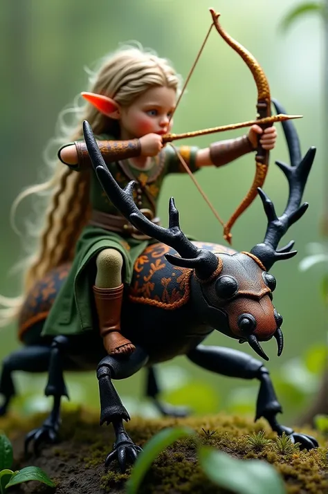 1. The Woodland Archer
Macro photograph of a tiny elf clad in green and brown leather armor with intricate leaf patterns, riding on the back of a majestic stag beetle. The elf is holding a glowing, golden bow with an arrow notched, poised to shoot. The bee...