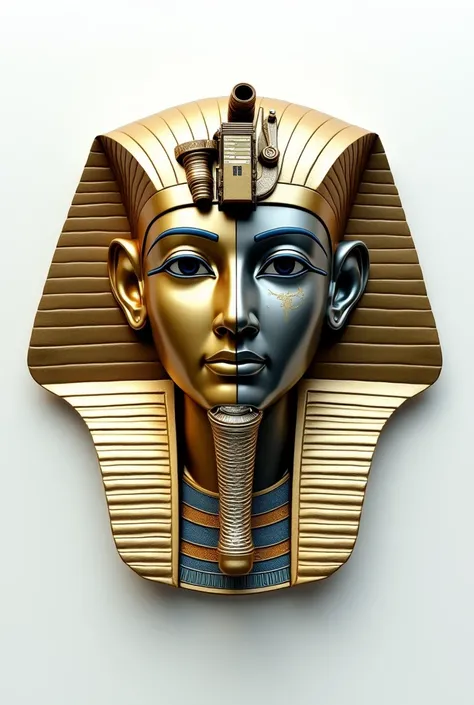 Mask of the face of King Tutankhamun , The golden half ,  and the other half robotic futuristic with original details of the mask, On white background