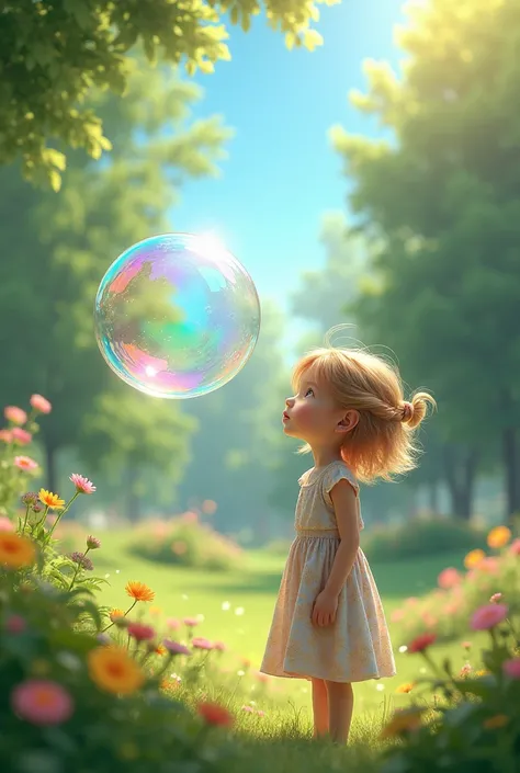 Aquí tienes un prompt para una imagen hiperrealista:

"A hyperrealistic image of a young blonde girl in a park, blowing a soap bubble. The scene is set during the day with sunlight filtering through the trees, casting soft shadows on the ground. The girl, ...