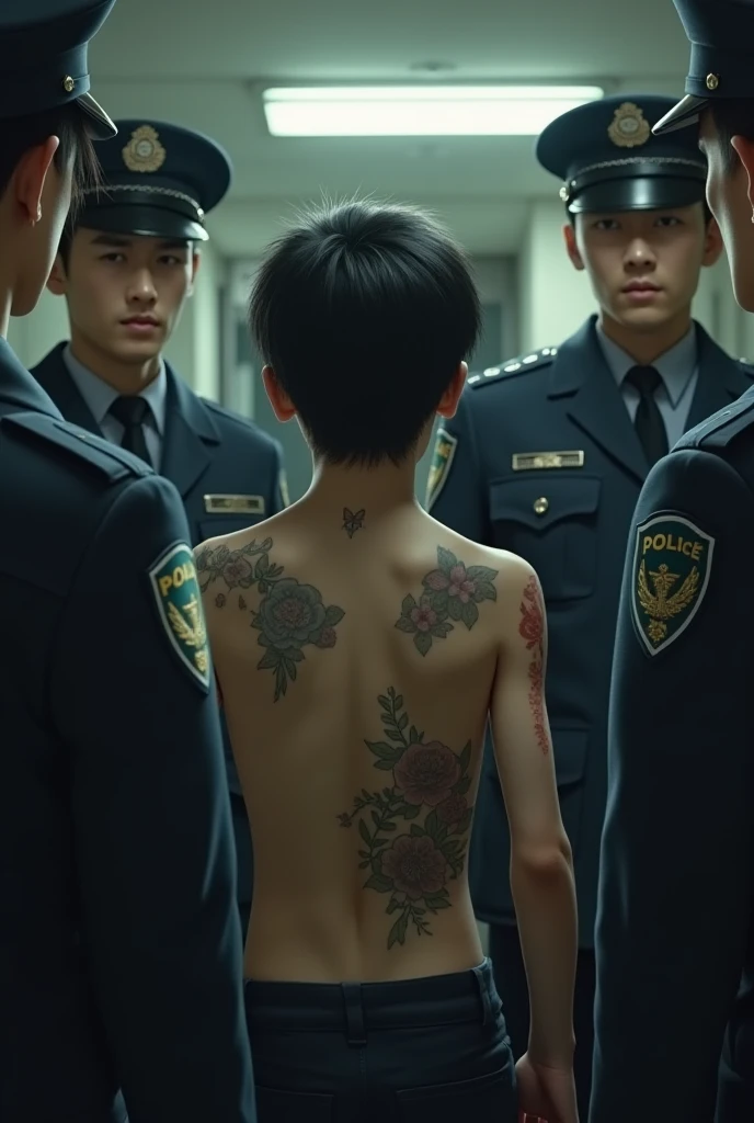  Young Japanese boy , thin, tattooed, black hair tied up,  being arrested at Osaka police station, Japanese police . 