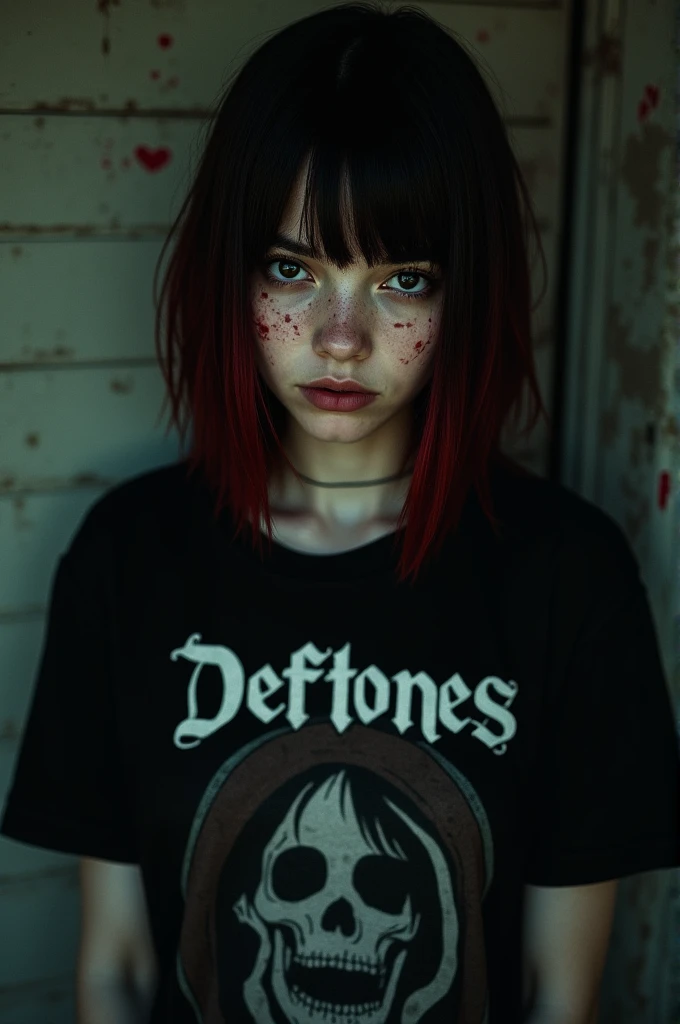 I created a female character with straight hair down to the shoulder, black, red highlights, she wears a black shirt written by deftones, she has black eyes, light freckles, a little bloody and pale.