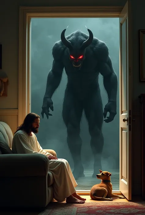 An image of the inside of the house, Jesus is sitting on the couch and there is a dog on the floor. There is a black monster with horns and red eyes at the door.