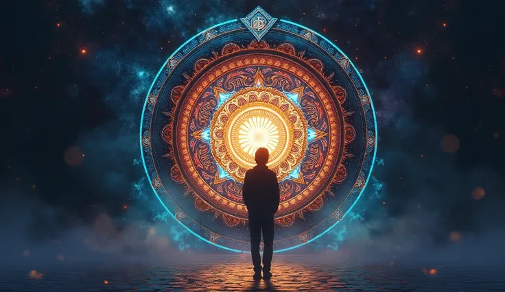 A figure stands before an ornately designed mystic door, highlighted by a glowing emblem. The intricate patterns intertwine with vibrant colors, suggesting a portal to another realm. Explore the emotions of curiosity and anticipation as the figure reaches ...