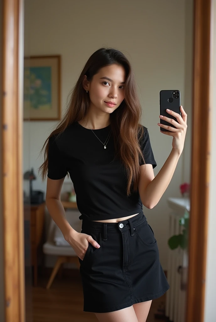  Photo taken from the cell phone of a 17-year-old teenage girl with long brown hair, dressed in a black skirt and black top ,  taking a full body photo in a mirror with her cell phone 