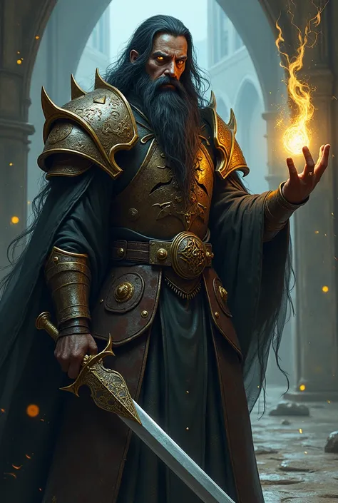 warlock, sword on left hand, spell on right hand, full body, medieval armor, long and black hair, long beard, yellow eyes, brown skin

