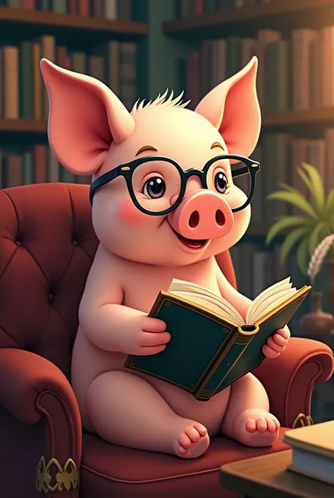 Create an image of a pig reading a book