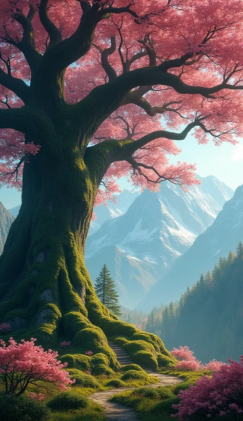  in high-definition images， Giant Tree々 and mysterious forests where magical beings are hidden in branches, 8k,Beautiful flowers々Forests with high quality giant trees blooming in full bloom 、 forest where fairies are believed to live 、Snowy mountains in th...