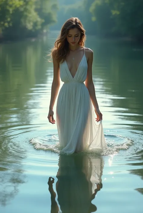 arafed woman in a white dress in a river, nymph in the water, in water up to her shoulders, in the water, in water, wearing a dress made of water, a stunning young ethereal figure, inspired by Gregory Crewdson, emerging from the water, inspired by Elsa Ble...