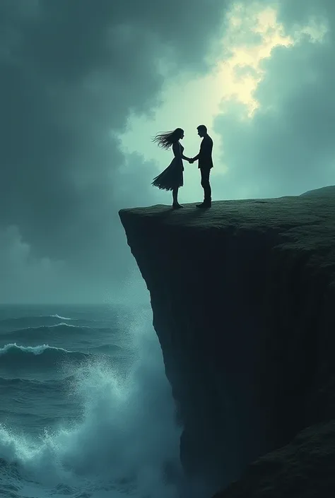 A silhouette of a woman standing at the edge of a cliff with her hair down as a man slightly reaches for her.