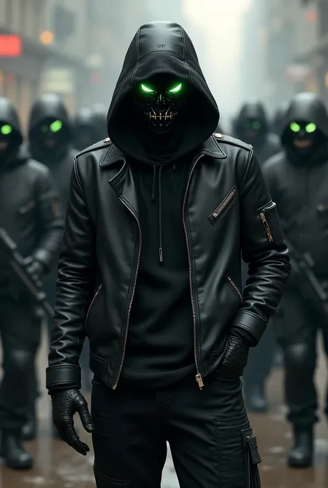 Male wearing leather jacket with black hoodie wearing a black robotic mask with green eyes glow black cargo pants  background group of people calling their self Legions with weapons amazing detail realistic 3D real character style extremely detailed