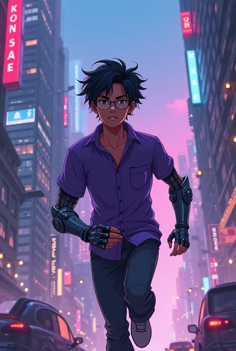 An 18-year-old Mexican boy with dark brown skin and short wavy black hair and a purple shirt poses as if he were running in a futuristic city and has a barrel like his right arm and has round biker style glasses, the image will be Megaman anime style.