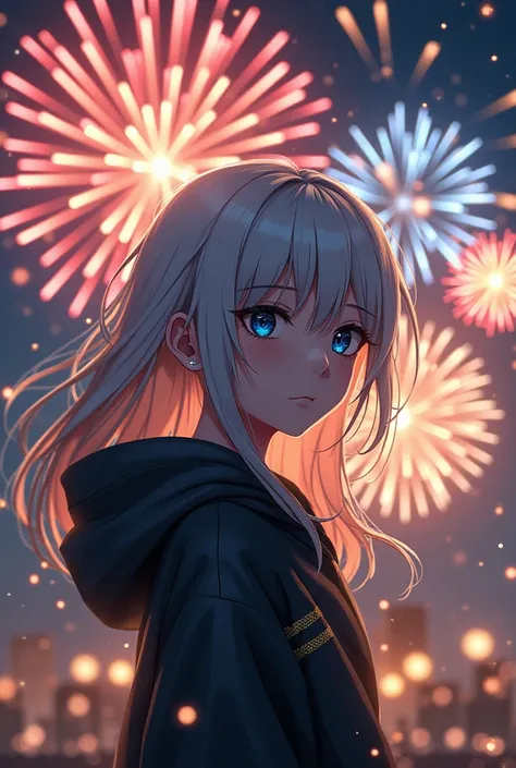 Generate happy mew year 2025 with fireworks and gold
With serious anime boy woth white hair and blue eyes 