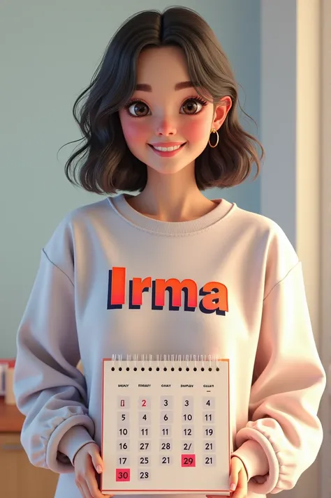 Woman wearing a sweatshirt with the name Irma and below a calendar for the year 2025