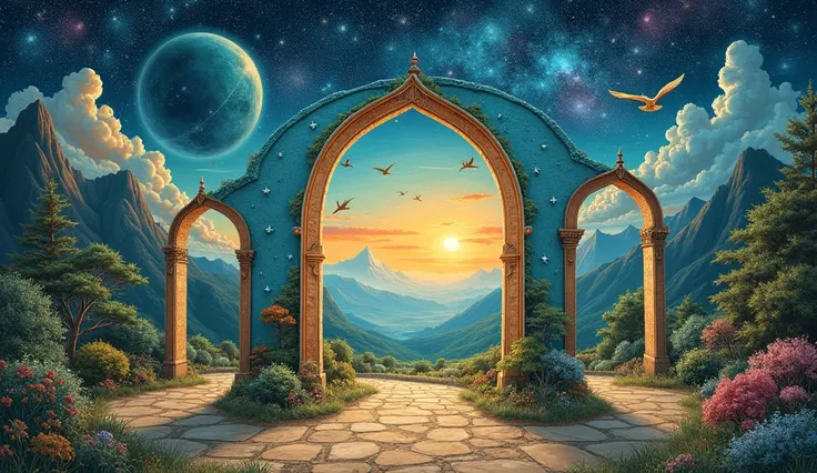 Create an enchanting mural that showcases a vibrant, mystical landscape divided by arched doorways leading to different realms. Incorporate elements of nature, such as trees, mountains, and skies filled with birds and celestial bodies. Use a palette of ric...