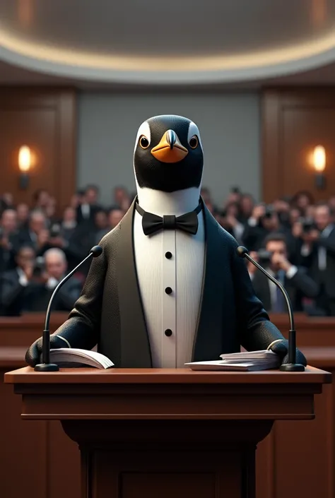 Create the image of a penguin at a press conference 