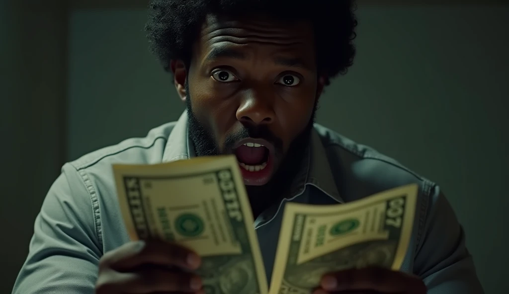 "A close-up of a man resembling actor Chadwick Boseman, dressed in casual clothing, holding money in his hands with a horrified expression. The money is unusual, with symbols and numbers that dont match real currency, adding an eerie and mysterious element...