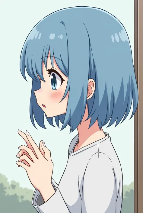  ,  short blue hair ,  at shoulder height, half sided face , as if she were talking to someone in front of her but shes alone. cartoon style cartoon , kawaii 