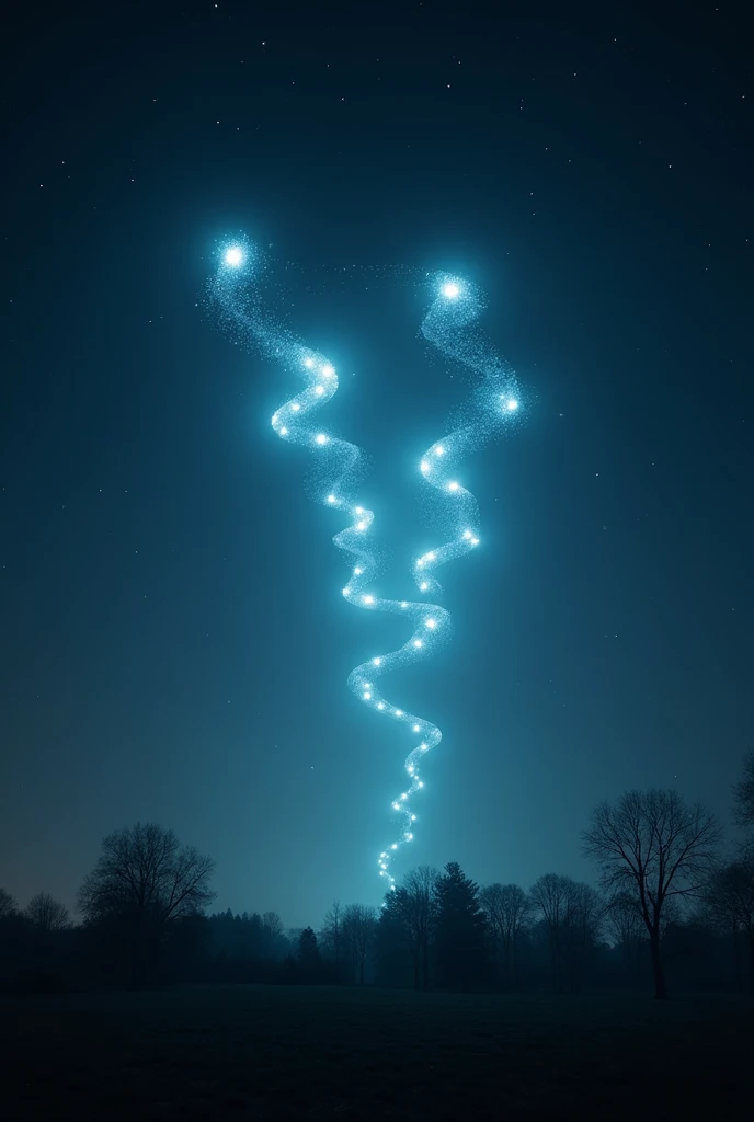 A night sky illuminated by a formation of drones, their lights creating patterns mistaken for UFOs."