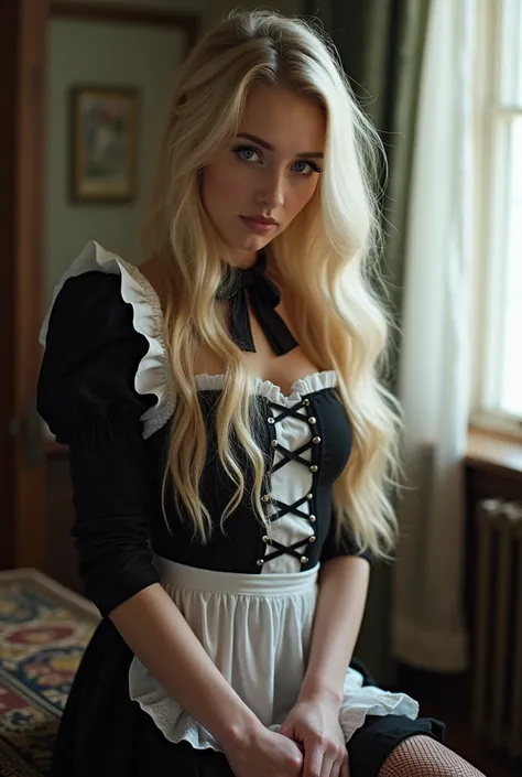 Megan Park in her 16 yrs old
blonde hair、grey eyes
maid clothes、 fishnet tights