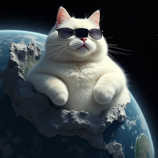 Peel the skin of a round Earth cleanly in space like molting、 Fat White Cat Wearing Sunglasses