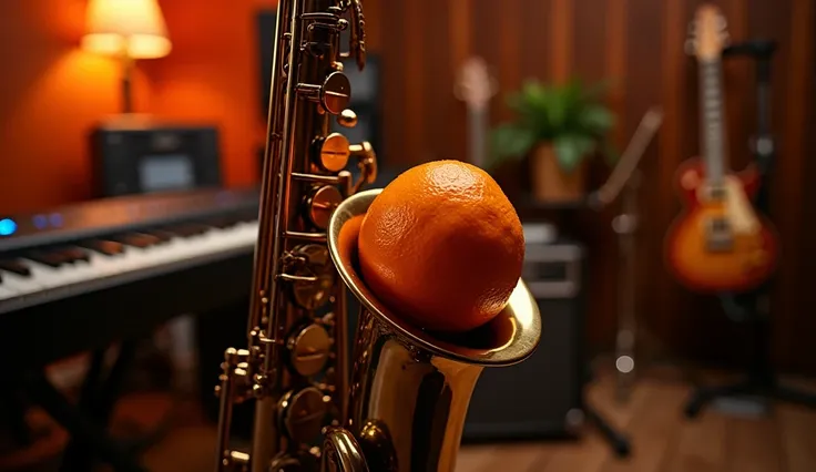 Create a 16:9 ultra-high-quality image suitable for a YouTube banner. The saxophone is positioned even closer to the camera, with a larger bright orange lodged in its bell. The orange fits tightly against the edges of the bell, with dew droplets visible on...