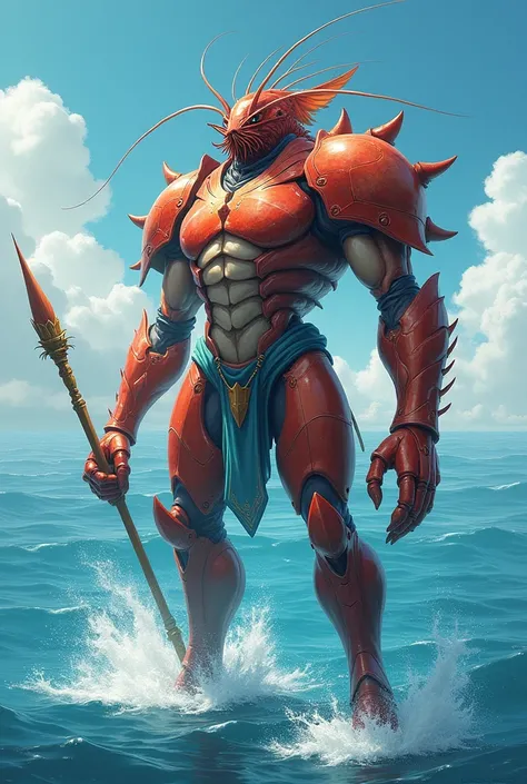 A shrimp chest armor, standing on the sea and holding a painting brush ready to fight