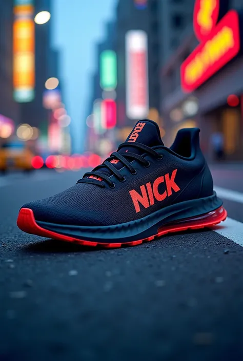 Running shoe with the text NICK