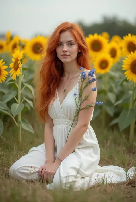 A white girl, red-haired, around 25 years old, with normal beauty ,  white dress with blue flowers tied around her shoulder ,  kneeling and sitting on her own curved legs, She is in a field of sunflowers 