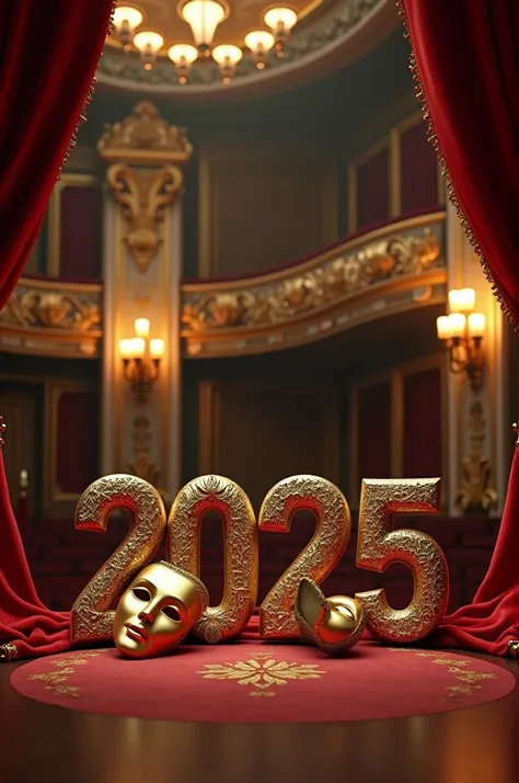 The inscription 2025 with behind the interior of an Italian-style theater and theatrical masks 