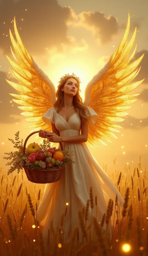  Spectacular beautiful golden angel with sparkles with a basket full of various flowers and fruits, in the middle of a field of golden wheat ears , con amapolas rojas en una colina con brillos dorados con aureola dorada luminosa