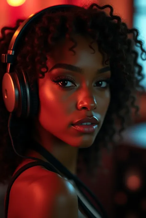 a young woman with beautiful detailed eyes,beautiful detailed lips,extremely detailed eyes and face,long eyelashes,dark skin,dark hair,headphones,R&B music,studio lighting,high quality,photorealistic,cinematic,intricate details,dramatic lighting,moody atmo...