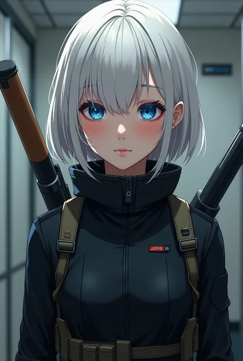 Anime-Series. female.  26 years old. Teenager.  short white hair .   blue eyes.  black special unit suit.   shy  . cute. Leg. weapons. Detail. 13 pimples on the face . background office