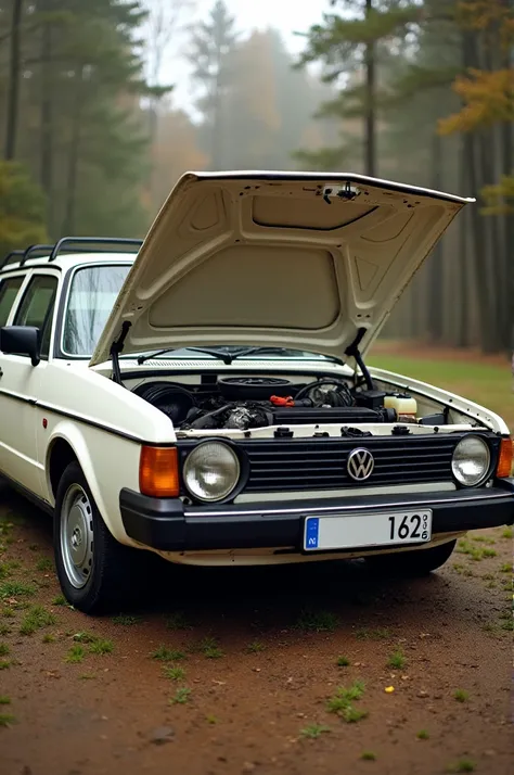  VW Passat B2 built in 1981 station wagon in white. Open bonnet .  You can see the engine . The engine is a 1 . 9 TDI diesel engine from VW . 

