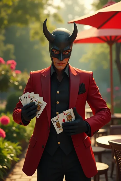 "A cinematic shot of a masked antihero in a striking red and black suit, showcasing a playful pose with a deck of cards spread in both hands. The setting is a picturesque park with lush greenery, charming garden furniture, and warm sunlight filtering throu...