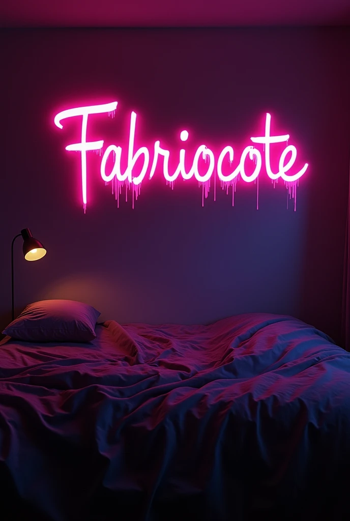 In my room, With the perspective of my bed at the wall , ALL DARK,  with the flashlight on pointing at the wall ,  that on the wall says Fabriciocote fashion the letter in graffiti style all messy and phosphorescent pink with ink falling 