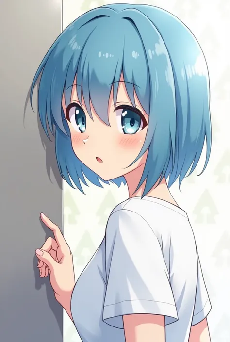  ,  short blue hair ,  at shoulder height, half sided face , as if she were talking to someone in front of her but shes alone. cartoon style cartoon , kawaii 