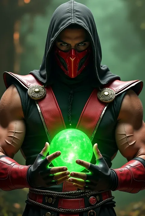 The ninja man /  red chrome iron mask / black and red costume with chrome details on the armor/chrome belt / Eyes coming out green glow  /  black and red bracelets / red boots/  holding a shining green soul in the hands / ermac style from Mortal Kombat  