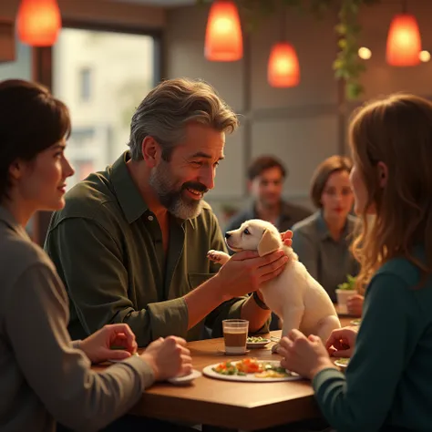  A man in the middle of a crowd in a restaurant ,  feeds a puppy . " If you want to know what someone is like look at how he treats his inferiors, not his equals "