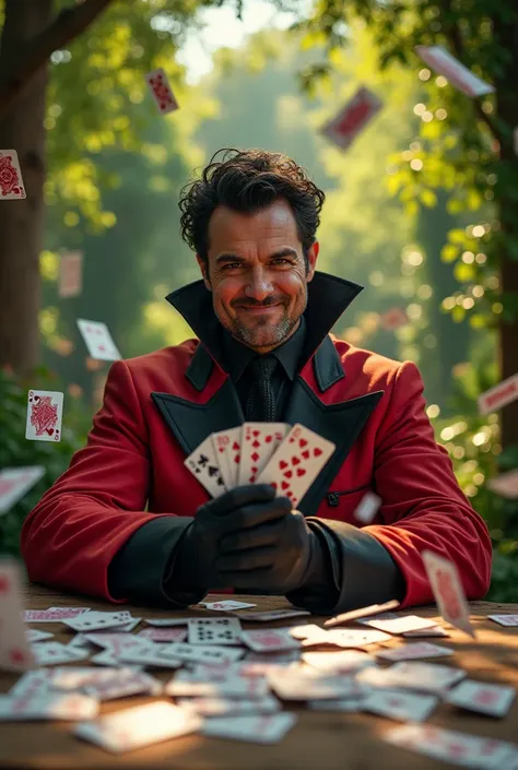 "A cinematic portrayal of a witty antihero clad in a striking red and black costume, seated at a rustic wooden table covered with scattered playing cards. The antihero holds a fan of cards with a mischievous expression, while numerous cards appear to float...