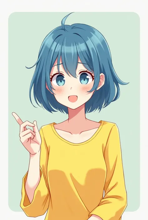  ,  short blue hair ,  at shoulder height, half sided face , as if she were talking to someone in front of her but shes alone. Are you wearing a yellow dress?. cartoon style cartoon , kawaii 