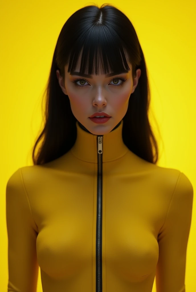 A stunning ultra-realistic portrait of Laurie Jupiter, also known as Silk Spectre II, from the movie Watchmen; the character is depicted in meticulous detail, with a front-facing pose set against a muted yellow background, evoking the tone of the film; cap...